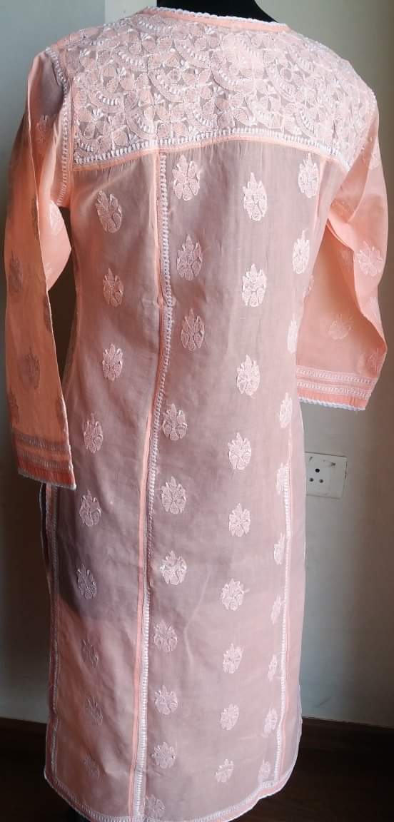 Peach cotton voil Kurti with Chikankari and Gota patti