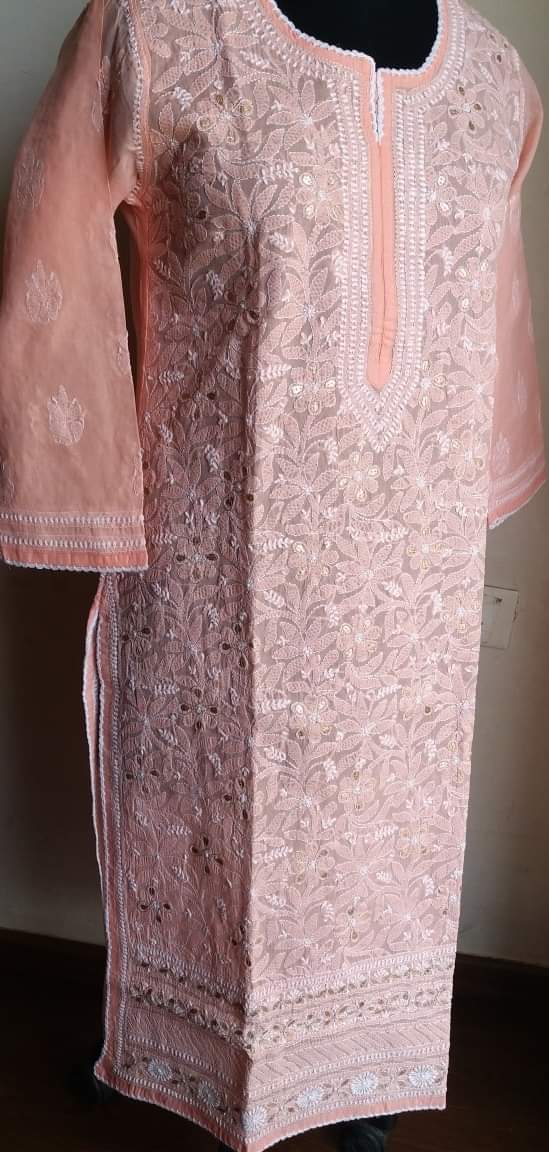 Peach cotton voil Kurti with Chikankari and Gota patti