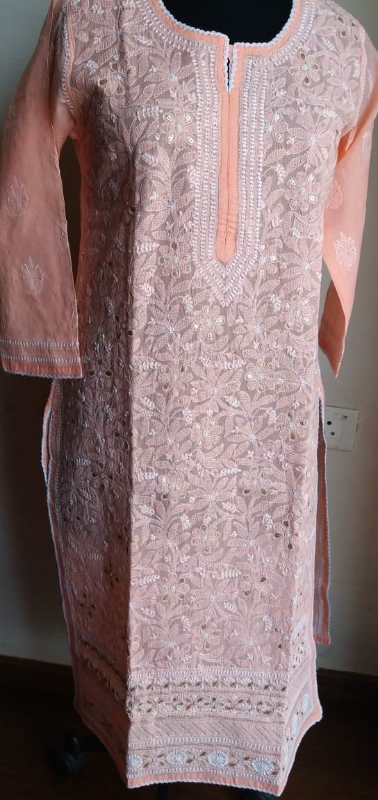 Peach cotton voil Kurti with Chikankari and Gota patti