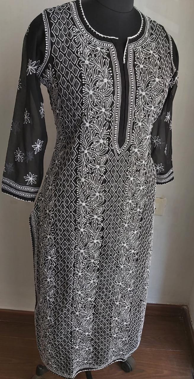 Black Georgette Kurti with white chikankari