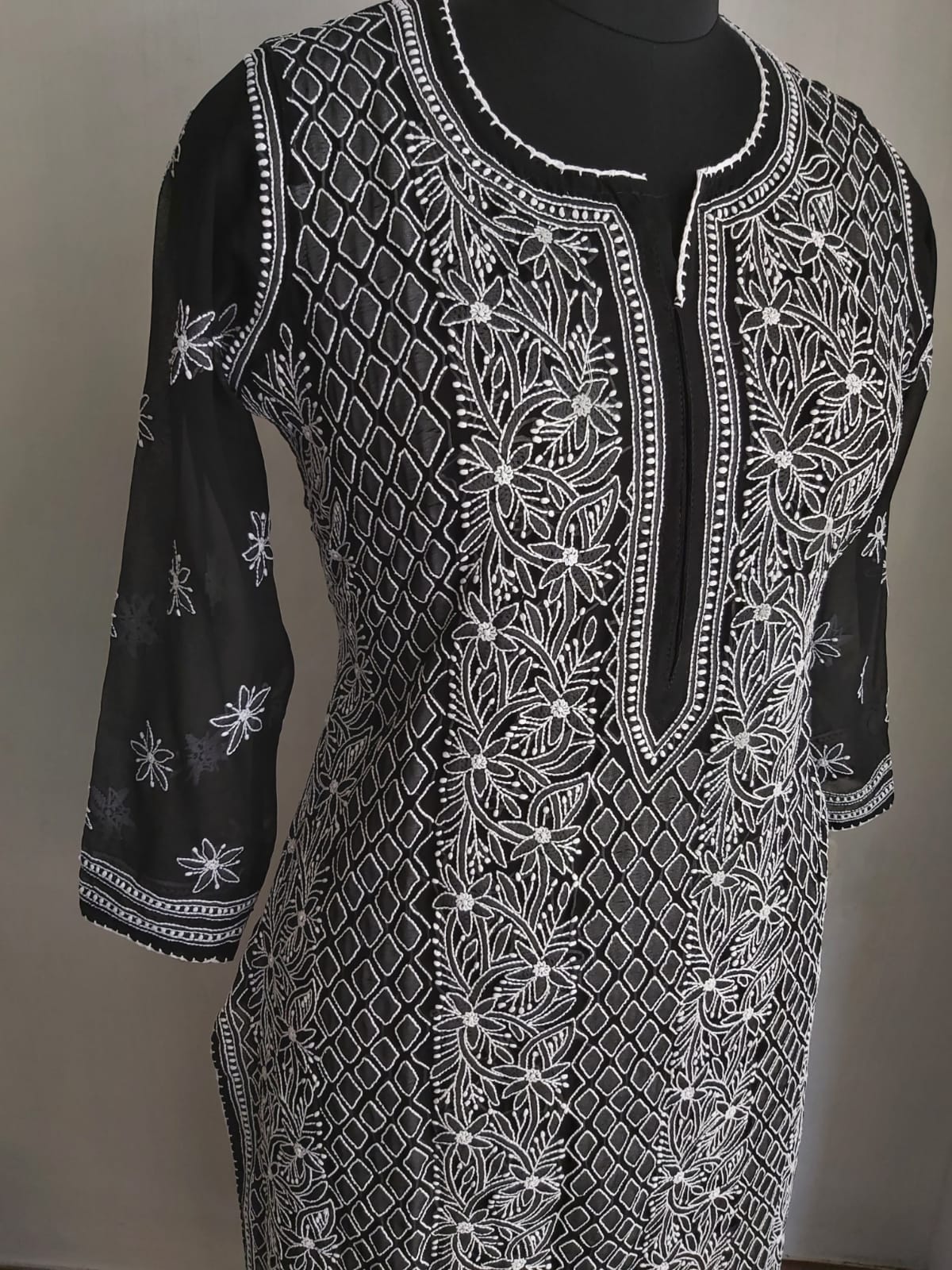 Black Georgette Kurti with white chikankari