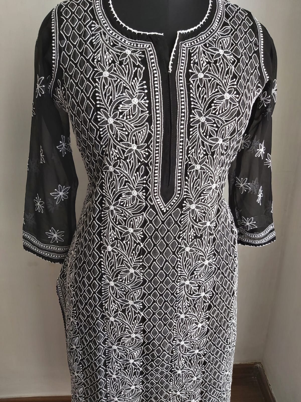 Black Georgette Kurti with white chikankari
