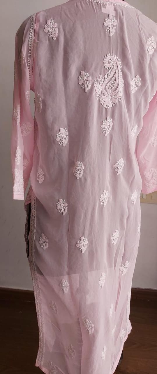 Baby Pink Georgette Jaal work Kurti