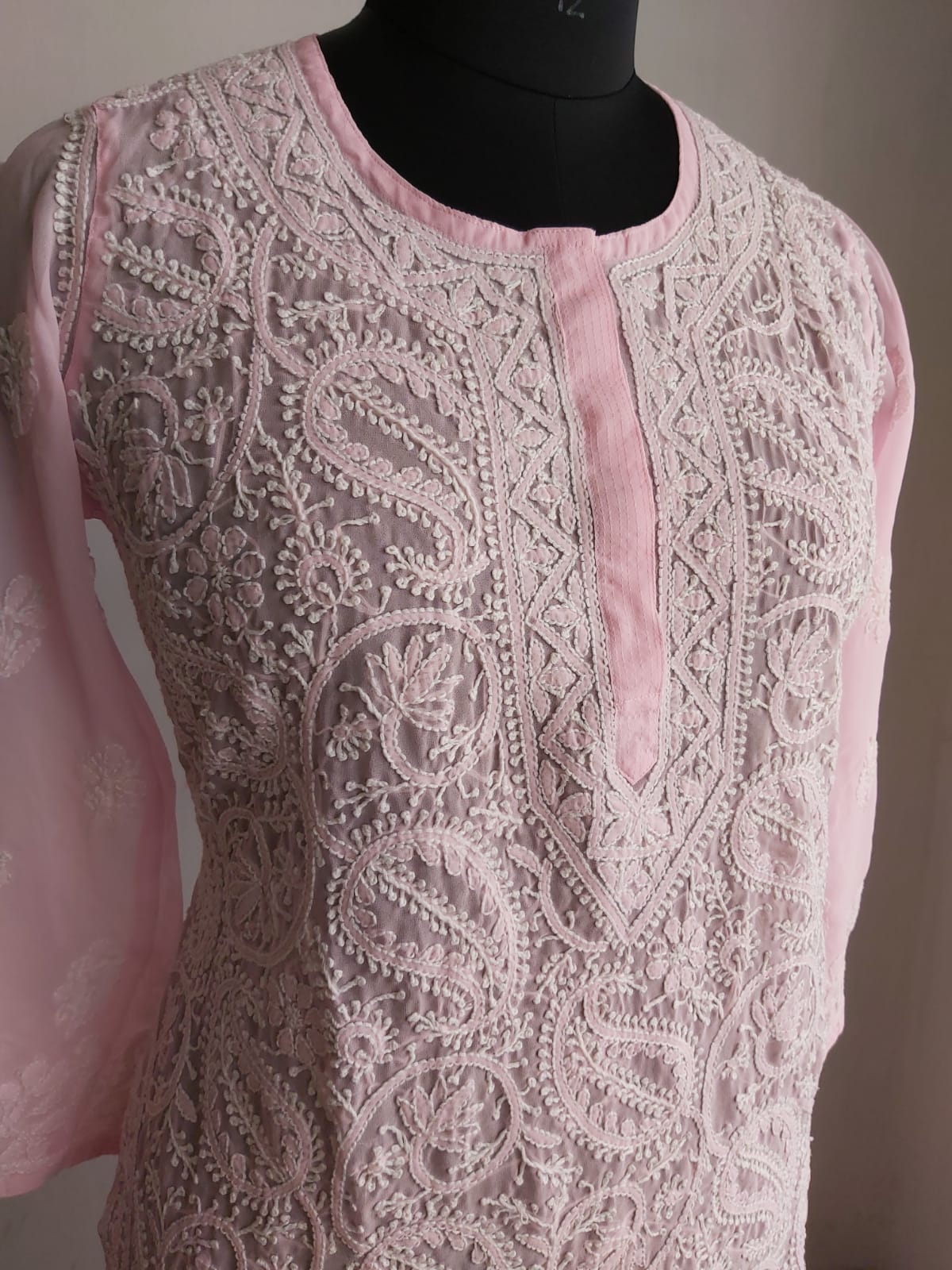 Baby Pink Georgette Jaal work Kurti