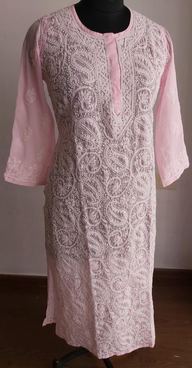 Baby Pink Georgette Jaal work Kurti