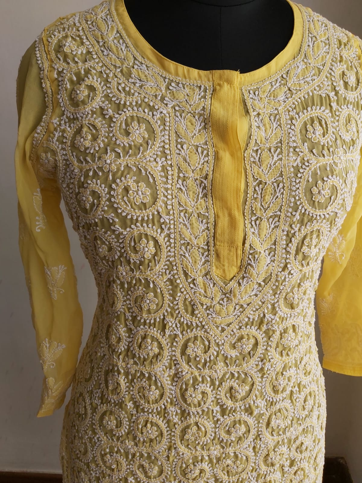 Yellow Georgette Jaal work Kurti