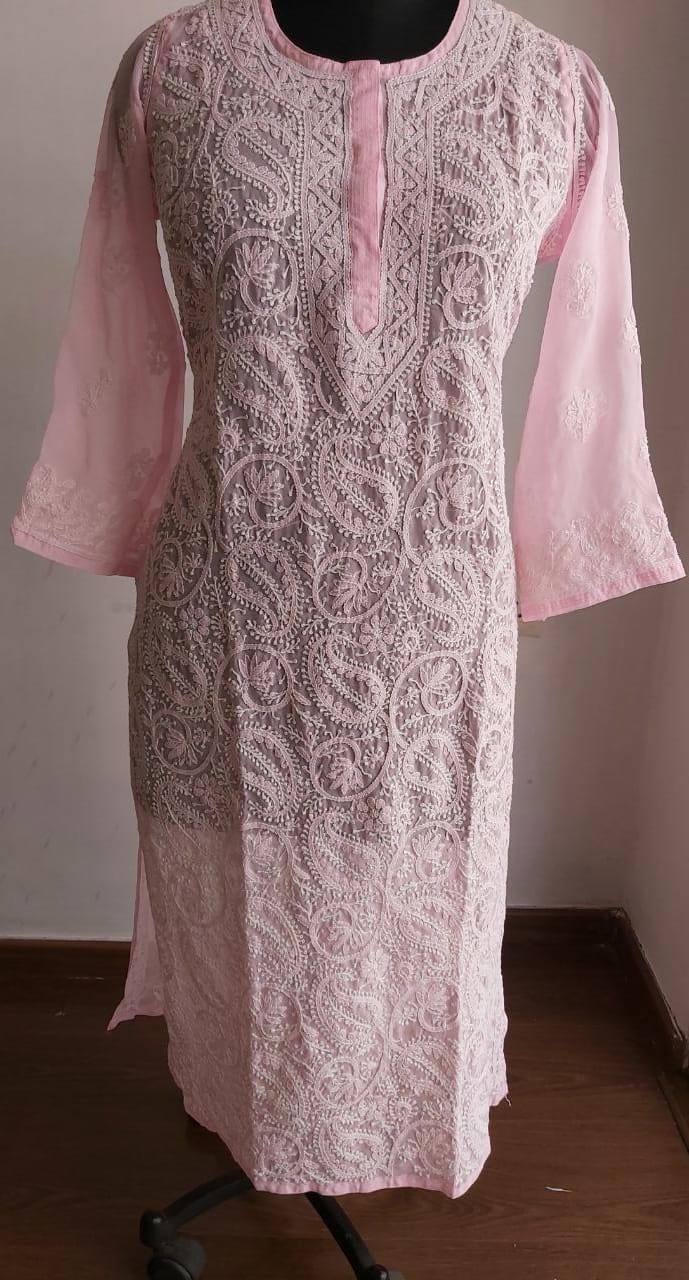 Baby Pink Georgette Jaal work Kurti