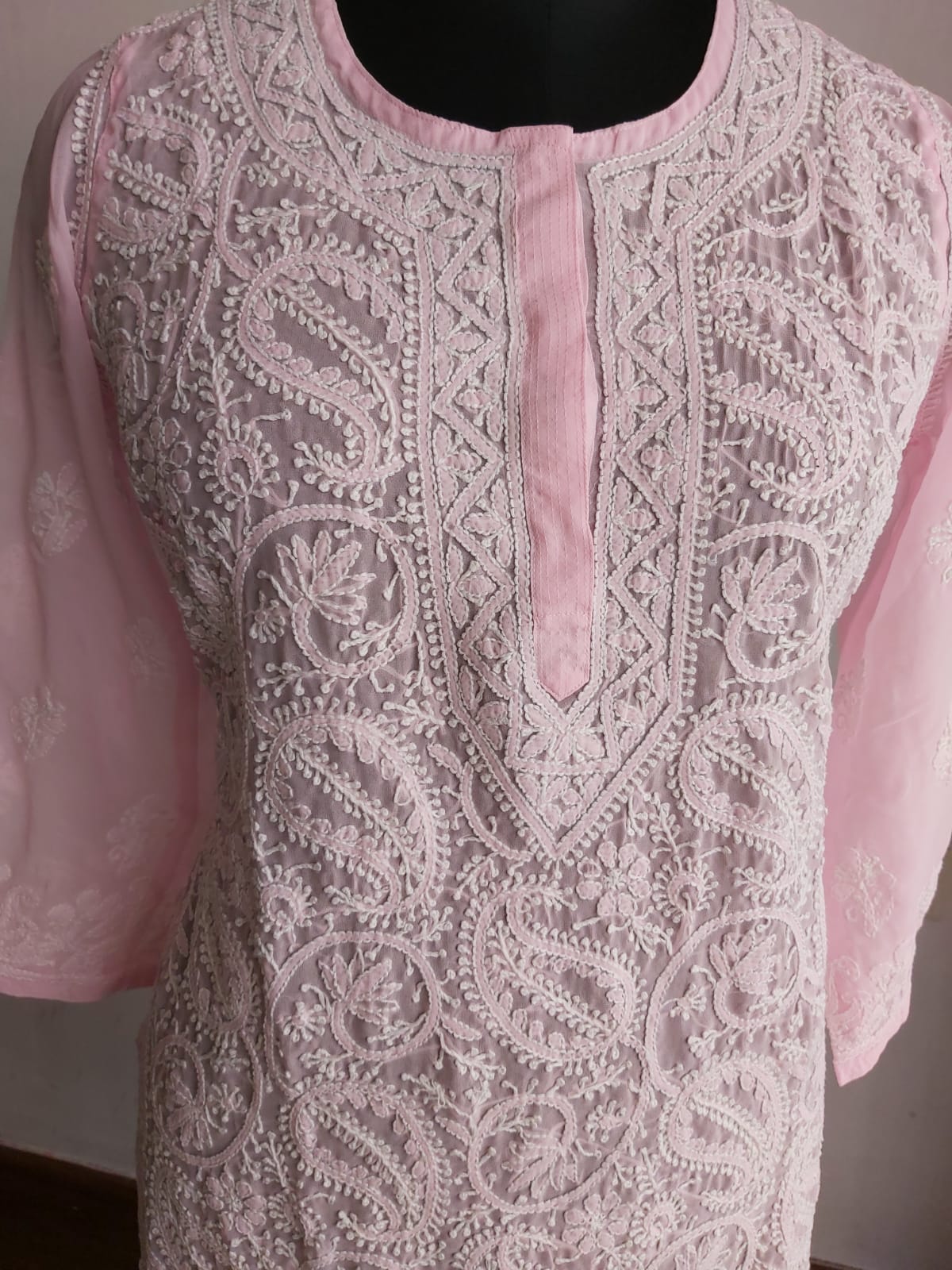 Baby Pink Georgette Jaal work Kurti