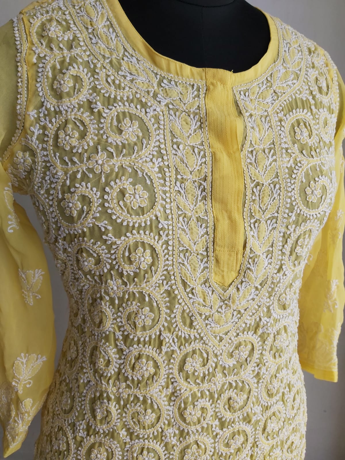 Yellow Georgette Jaal work Kurti