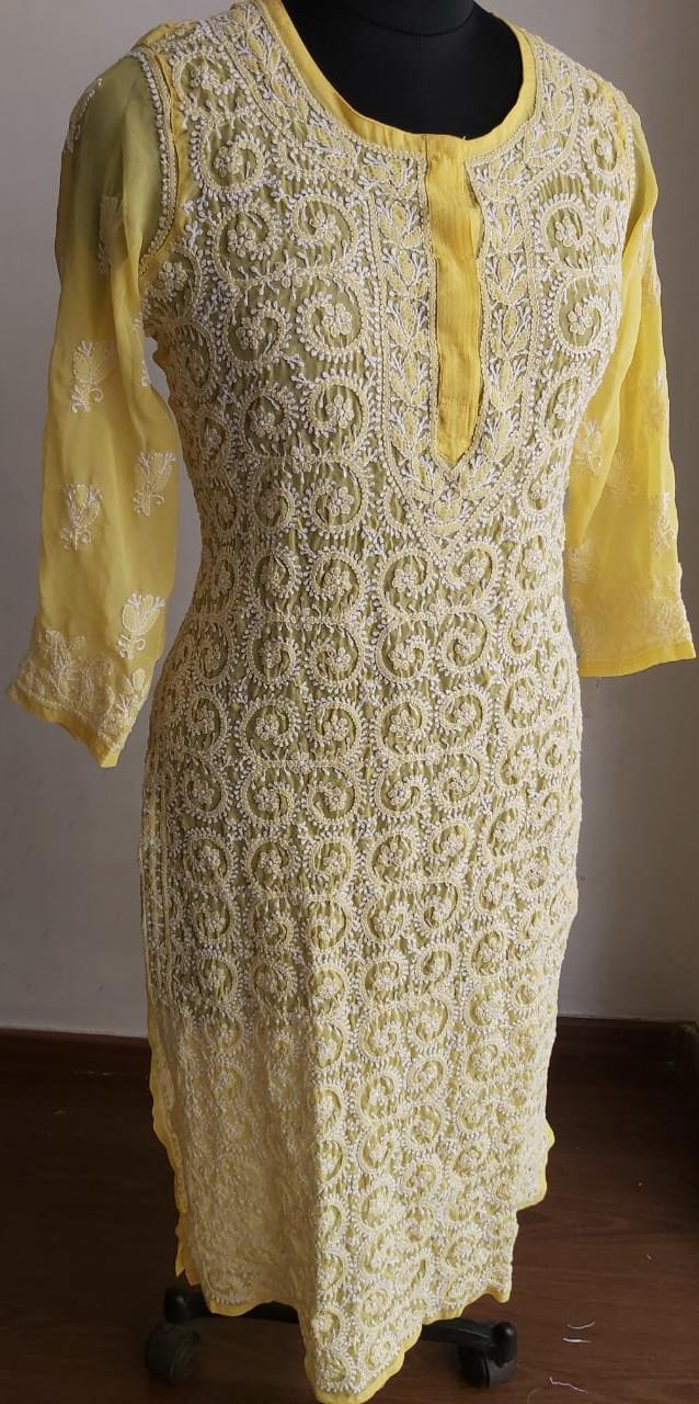 Yellow Georgette Jaal work Kurti