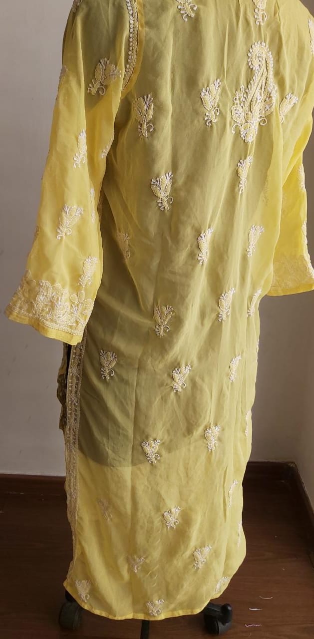 Yellow Georgette Jaal work Kurti