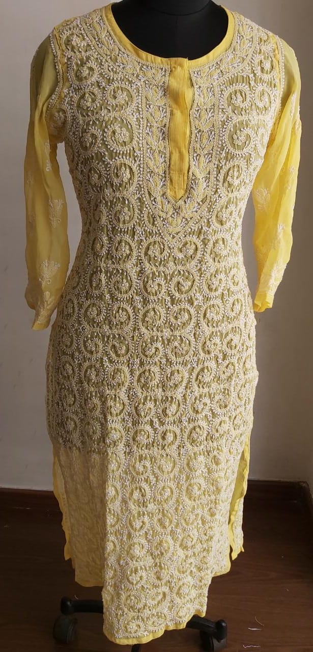 Yellow Georgette Jaal work Kurti