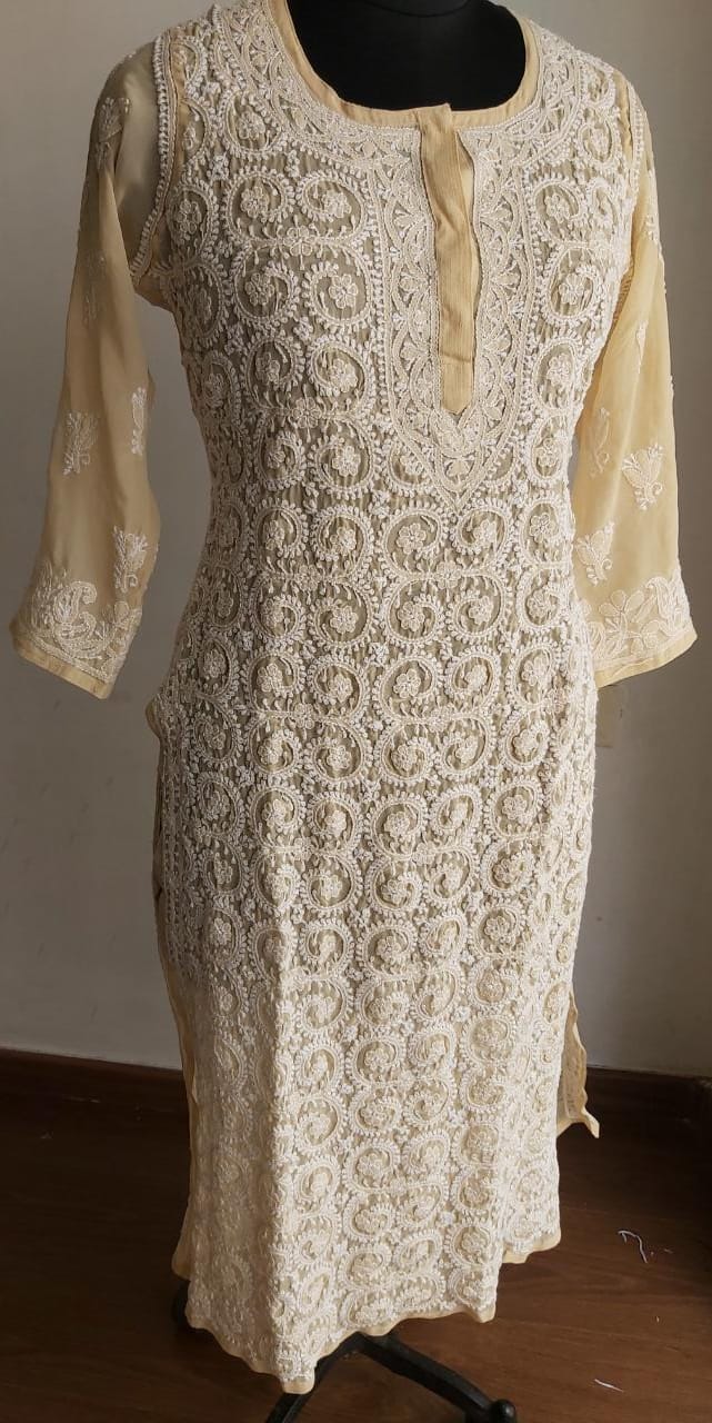 Beige Georgette Jaal work Kurti