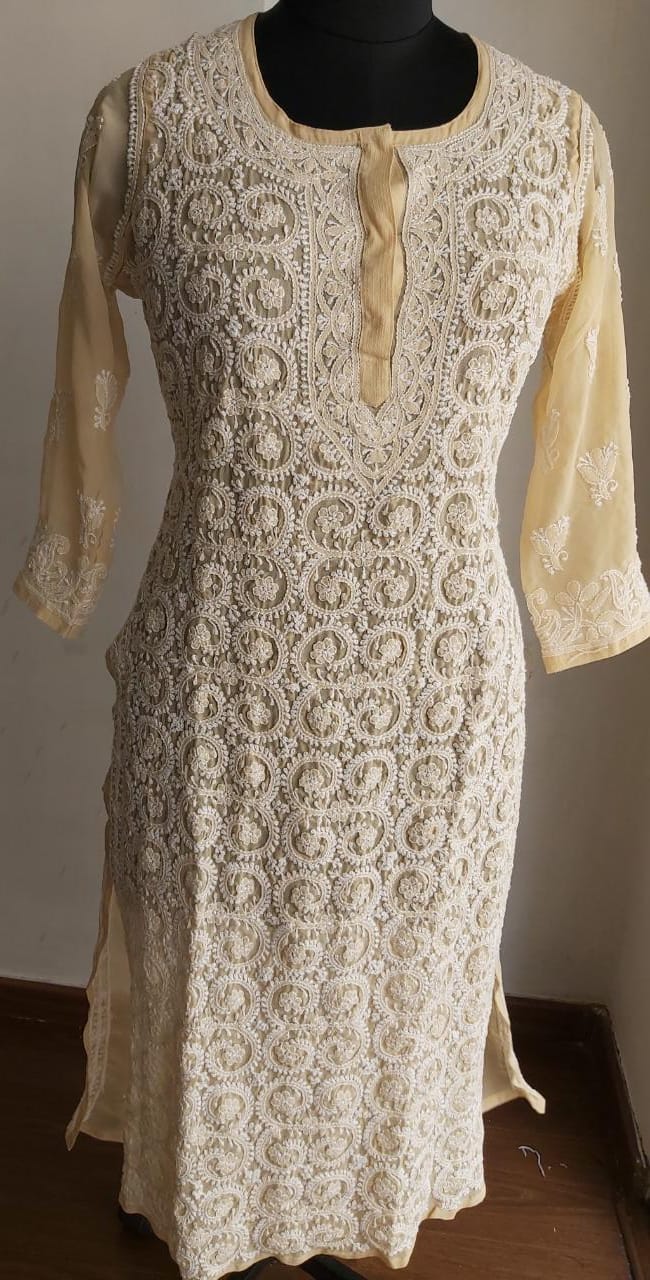 Beige Georgette Jaal work Kurti