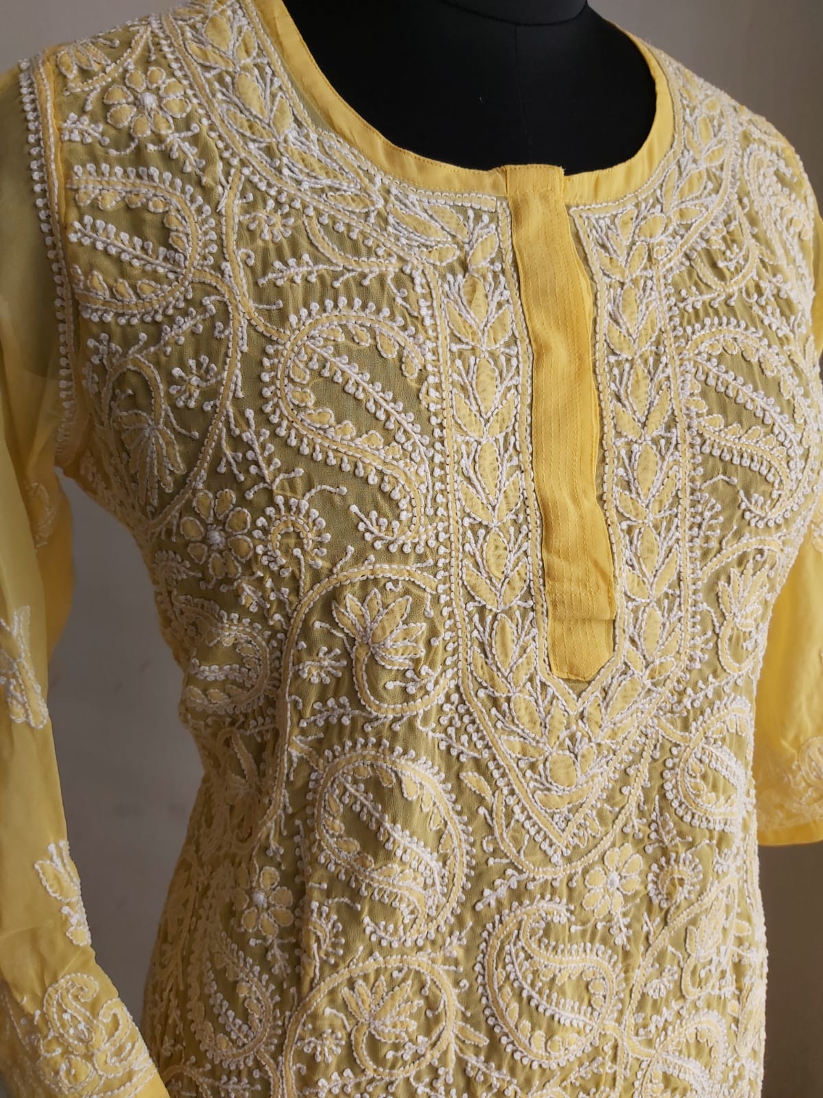 Yellow georgette Jaal work kurti