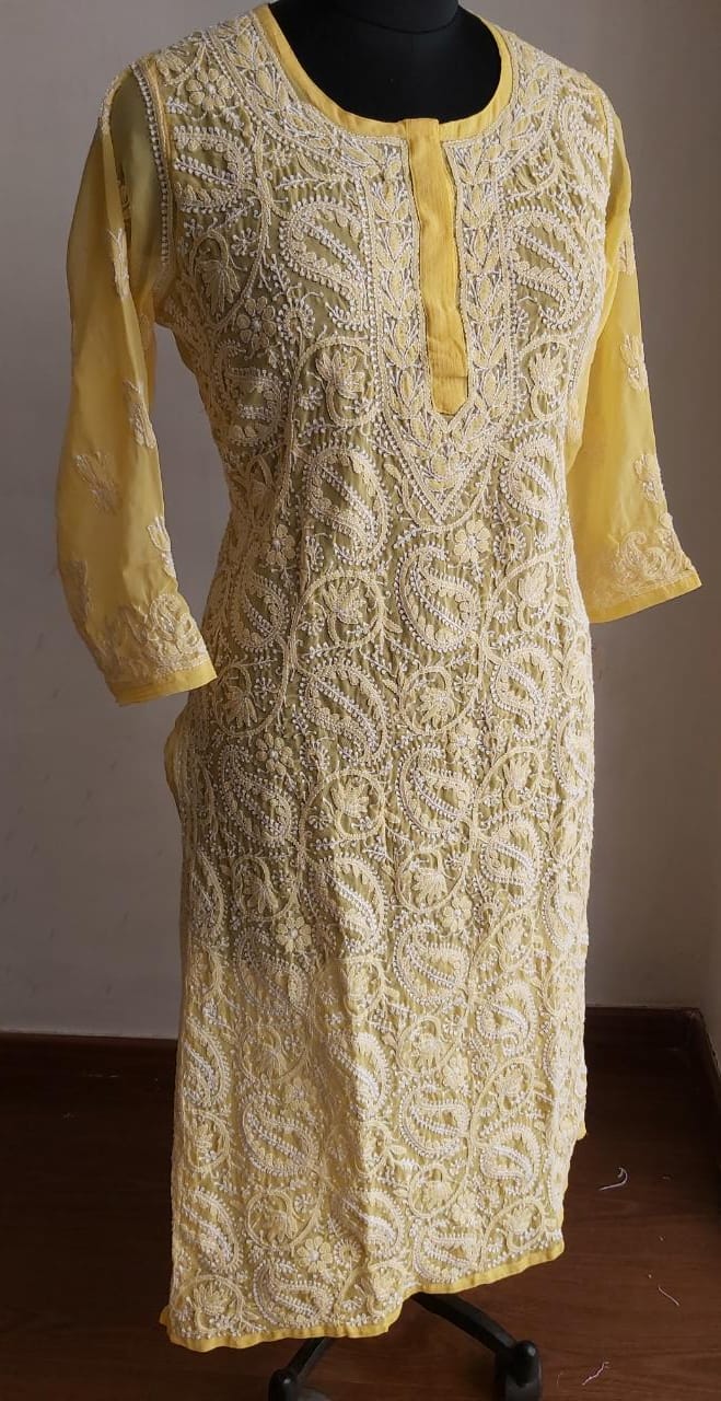 Yellow georgette Jaal work kurti