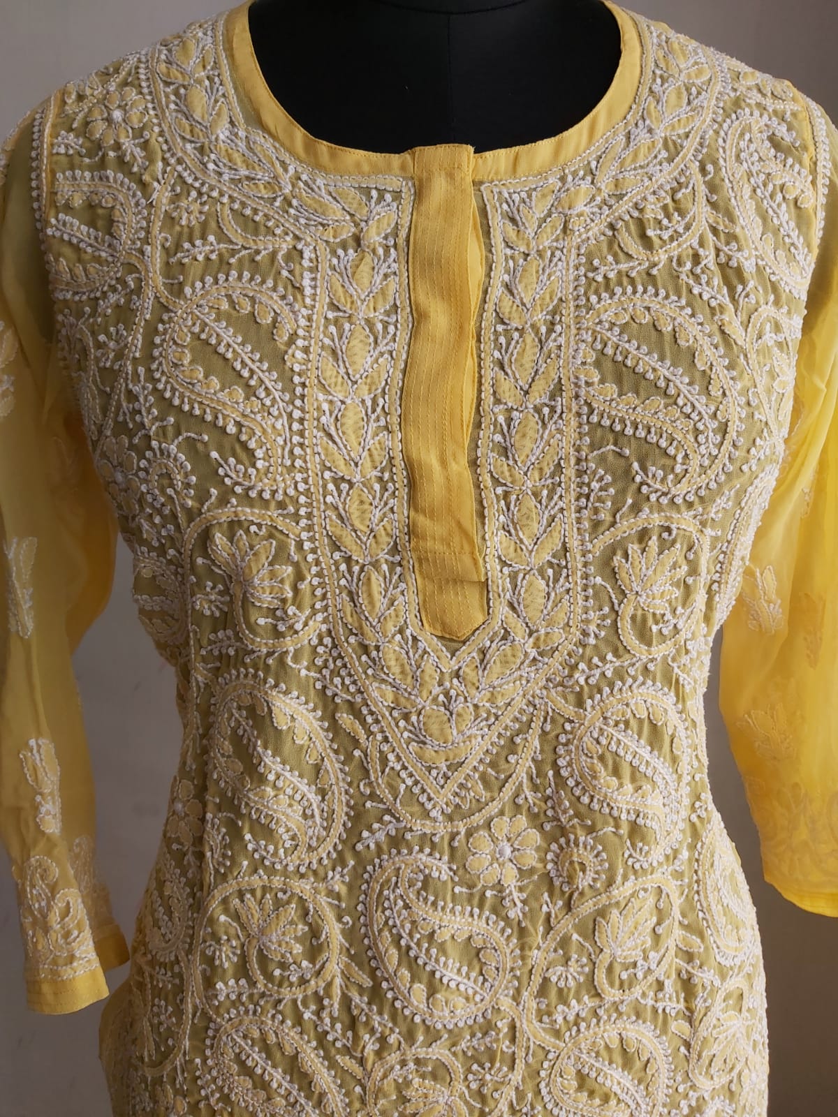 Yellow georgette Jaal work kurti