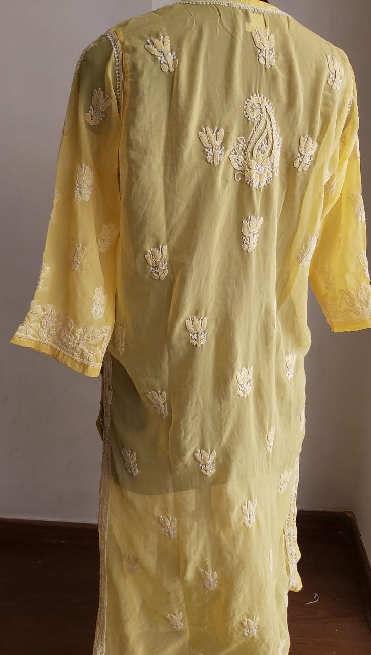 Yellow georgette Jaal work kurti