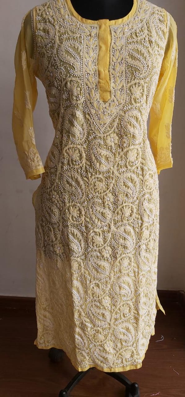Yellow georgette Jaal work kurti