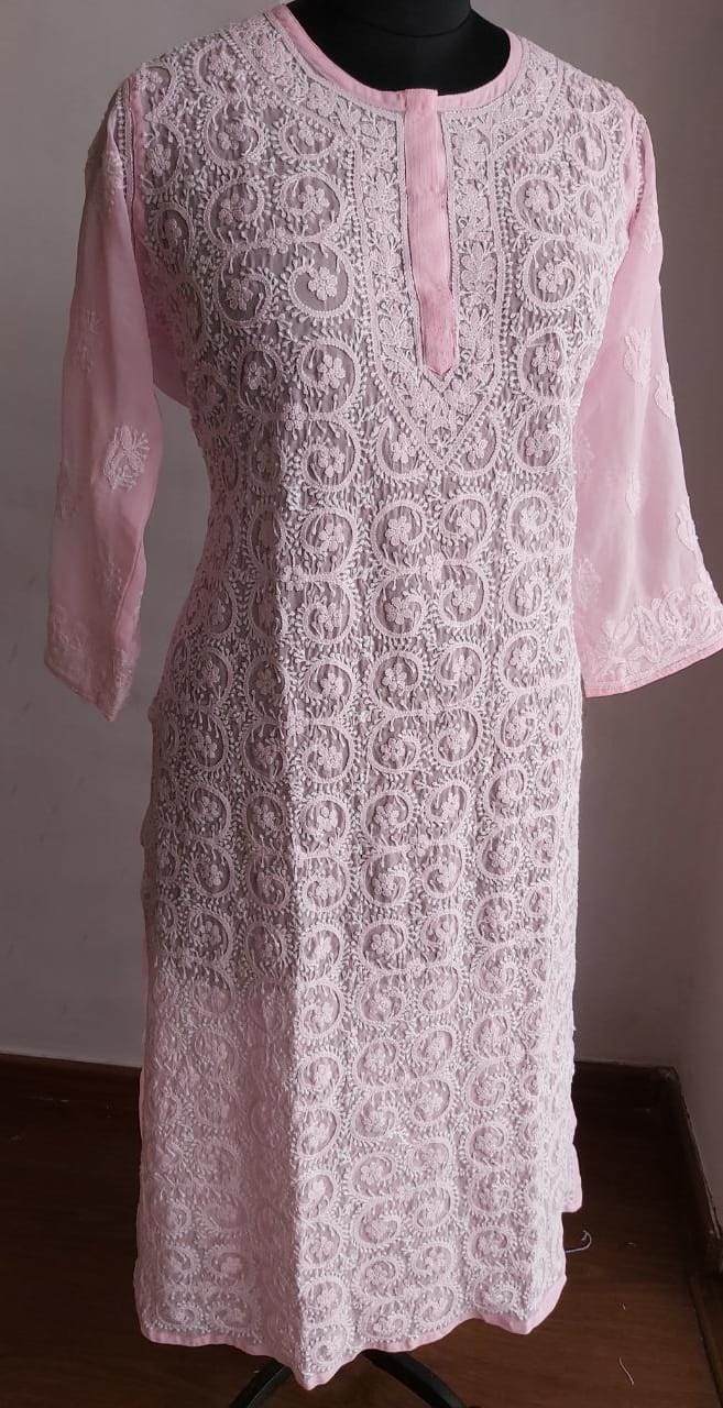 Baby Pink Georgette Jaalwork Kurti