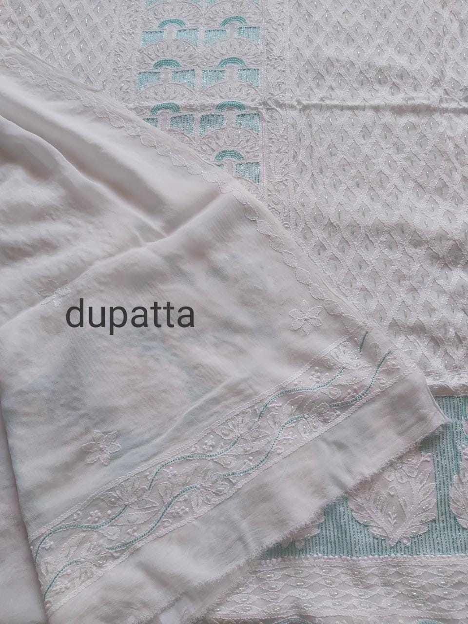 White viscose Kurta and Dupatta with Add on work