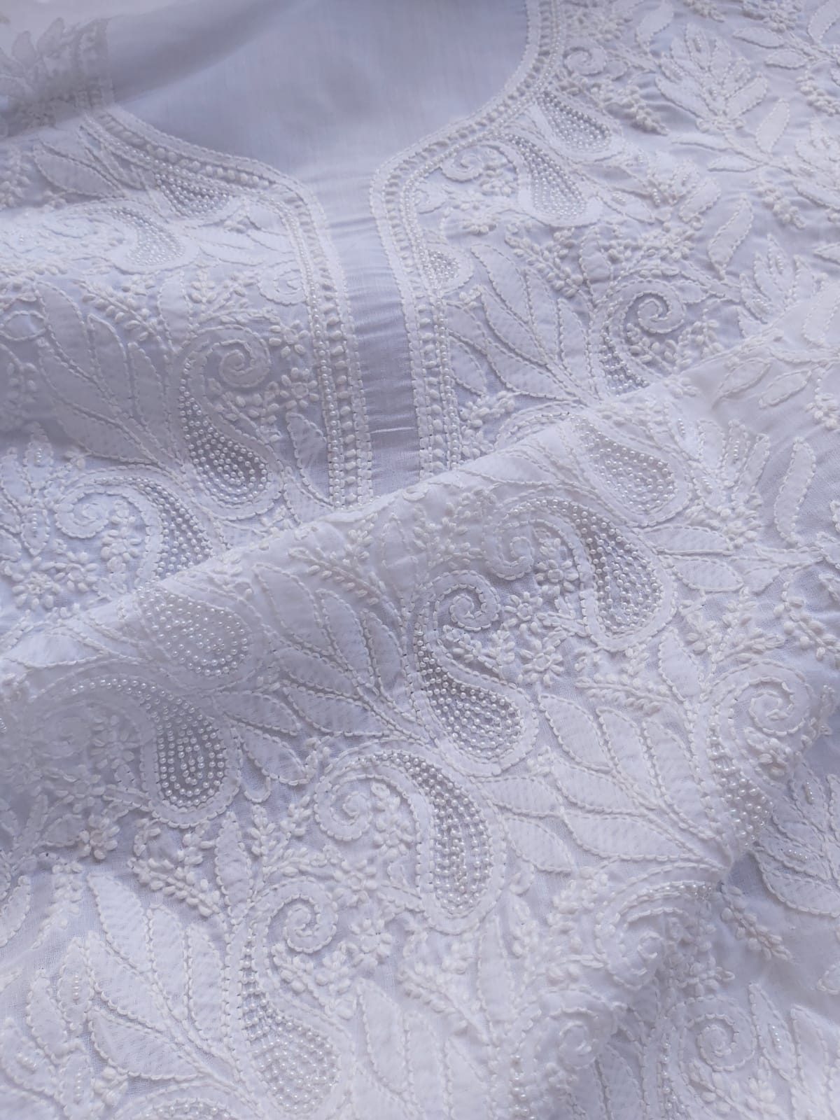 White kurta fabric with Pearl work