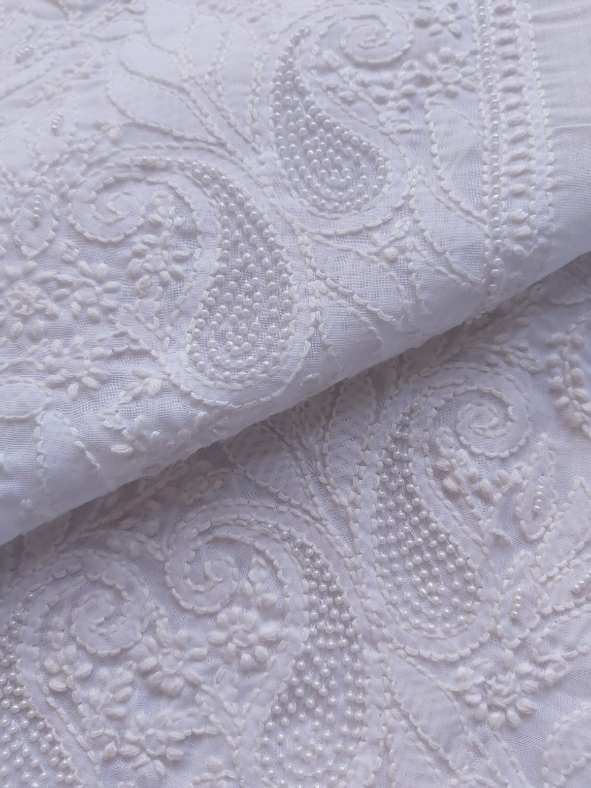 White kurta fabric with Pearl work