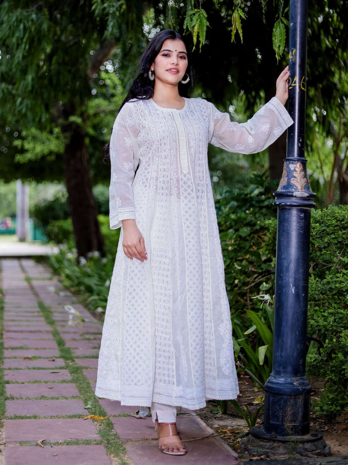 Cream All over embroidered cotton Anarkali
