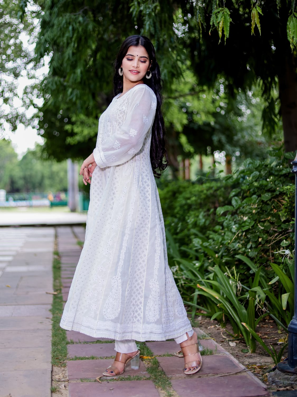 Cream All over embroidered cotton Anarkali