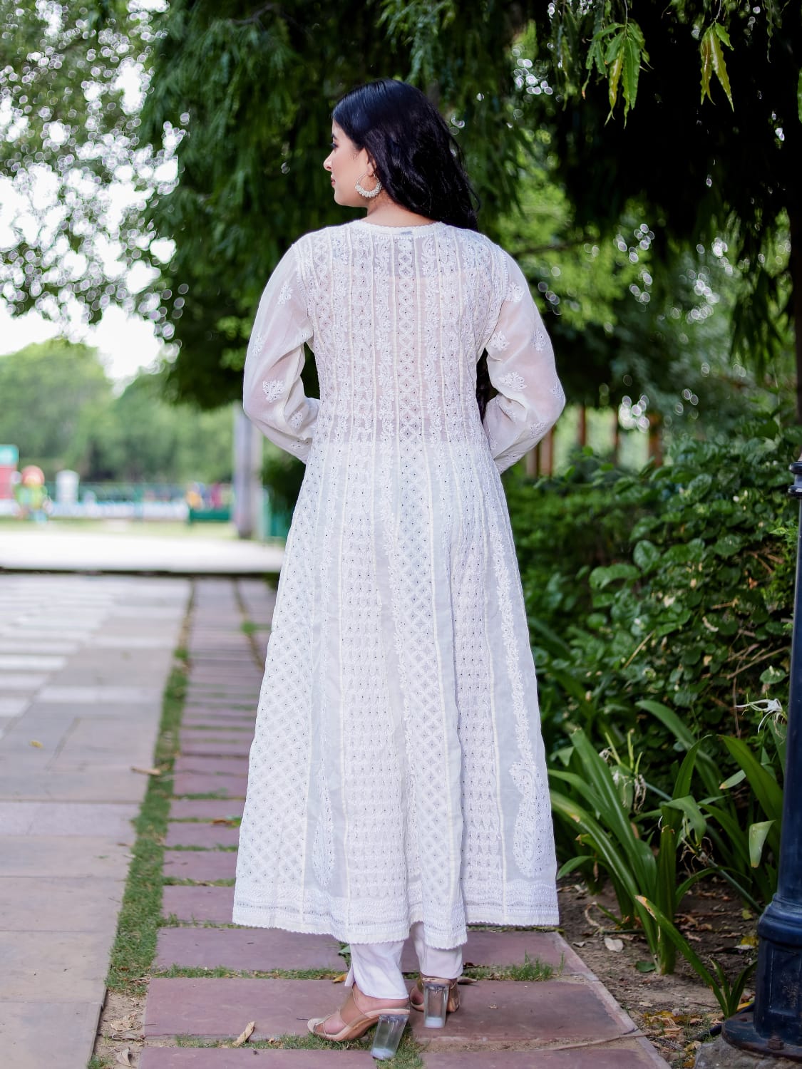 Cream All over embroidered cotton Anarkali