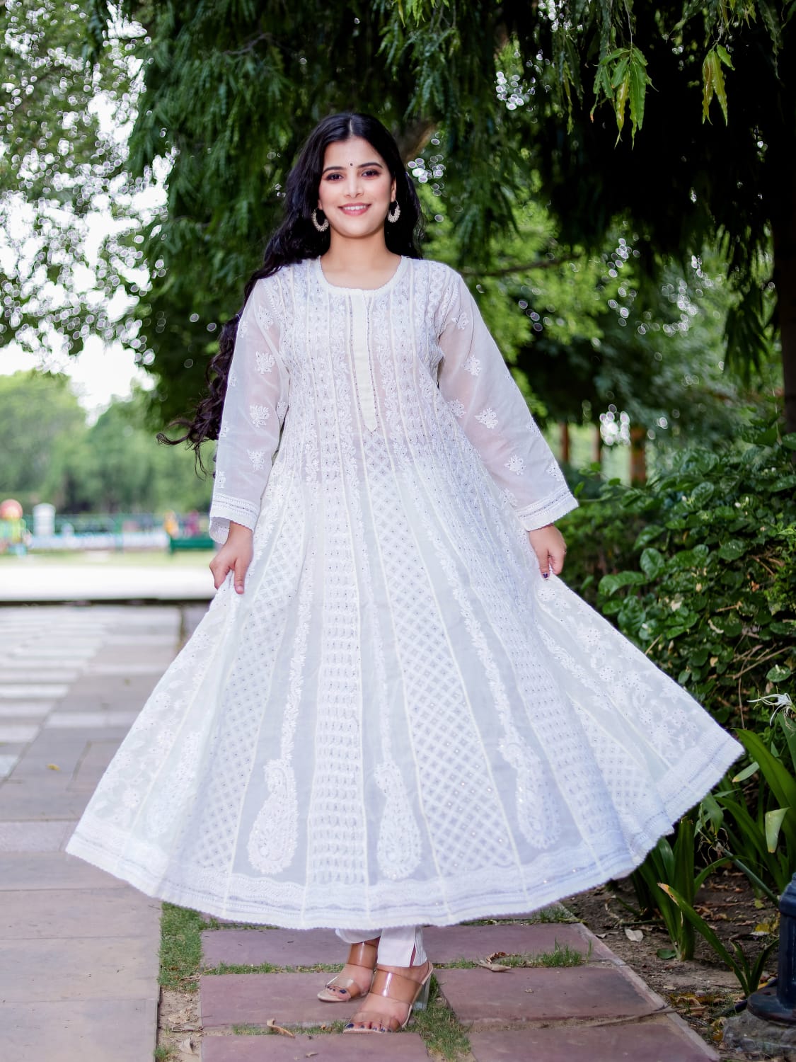 Cream All over embroidered cotton Anarkali