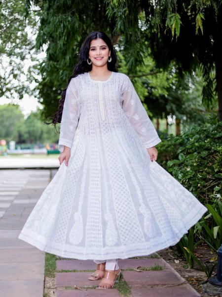 Cream All over embroidered cotton Anarkali