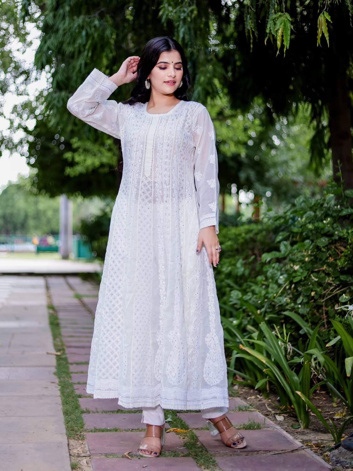 Cream All over embroidered cotton Anarkali