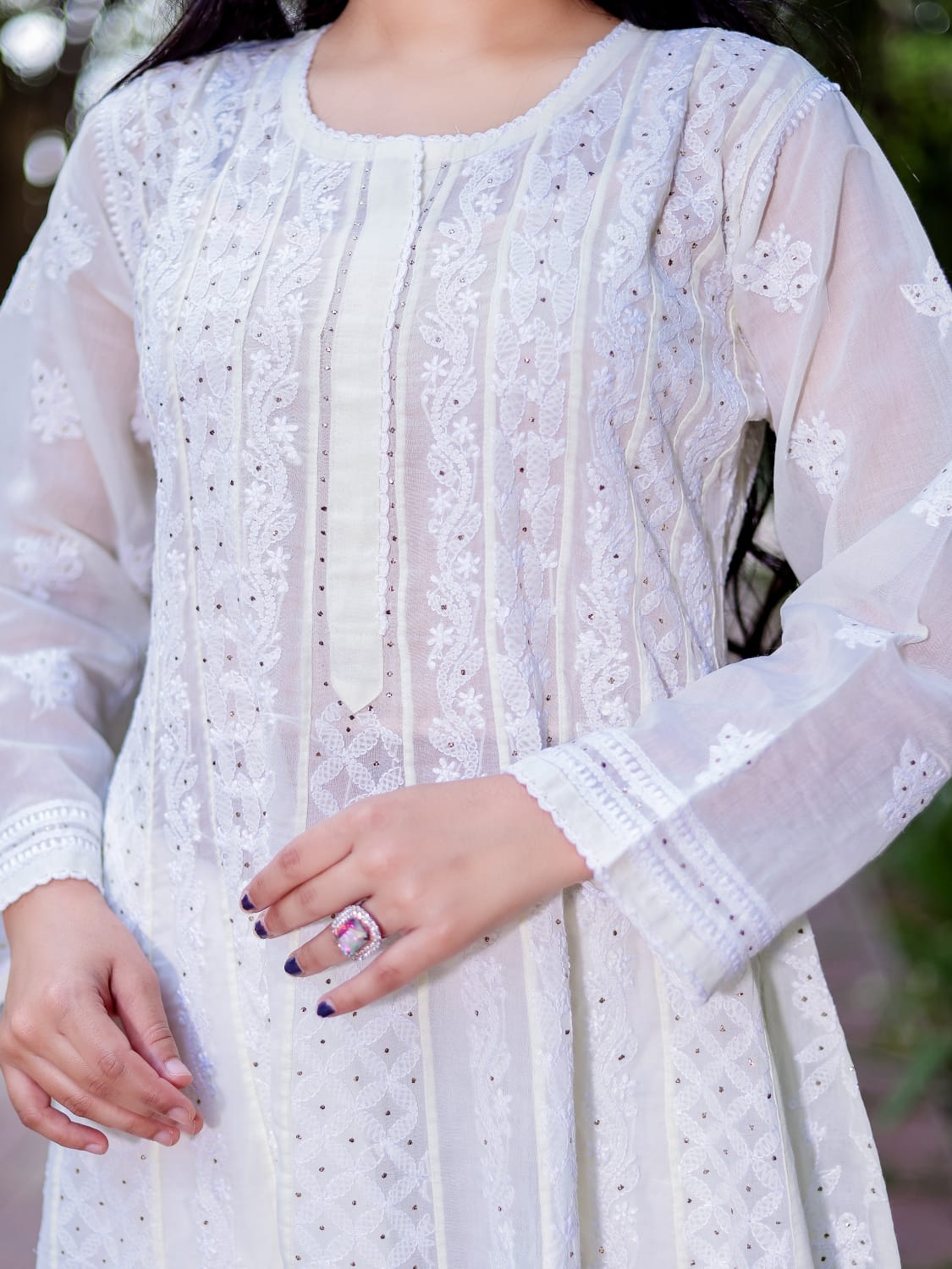 Cream All over embroidered cotton Anarkali