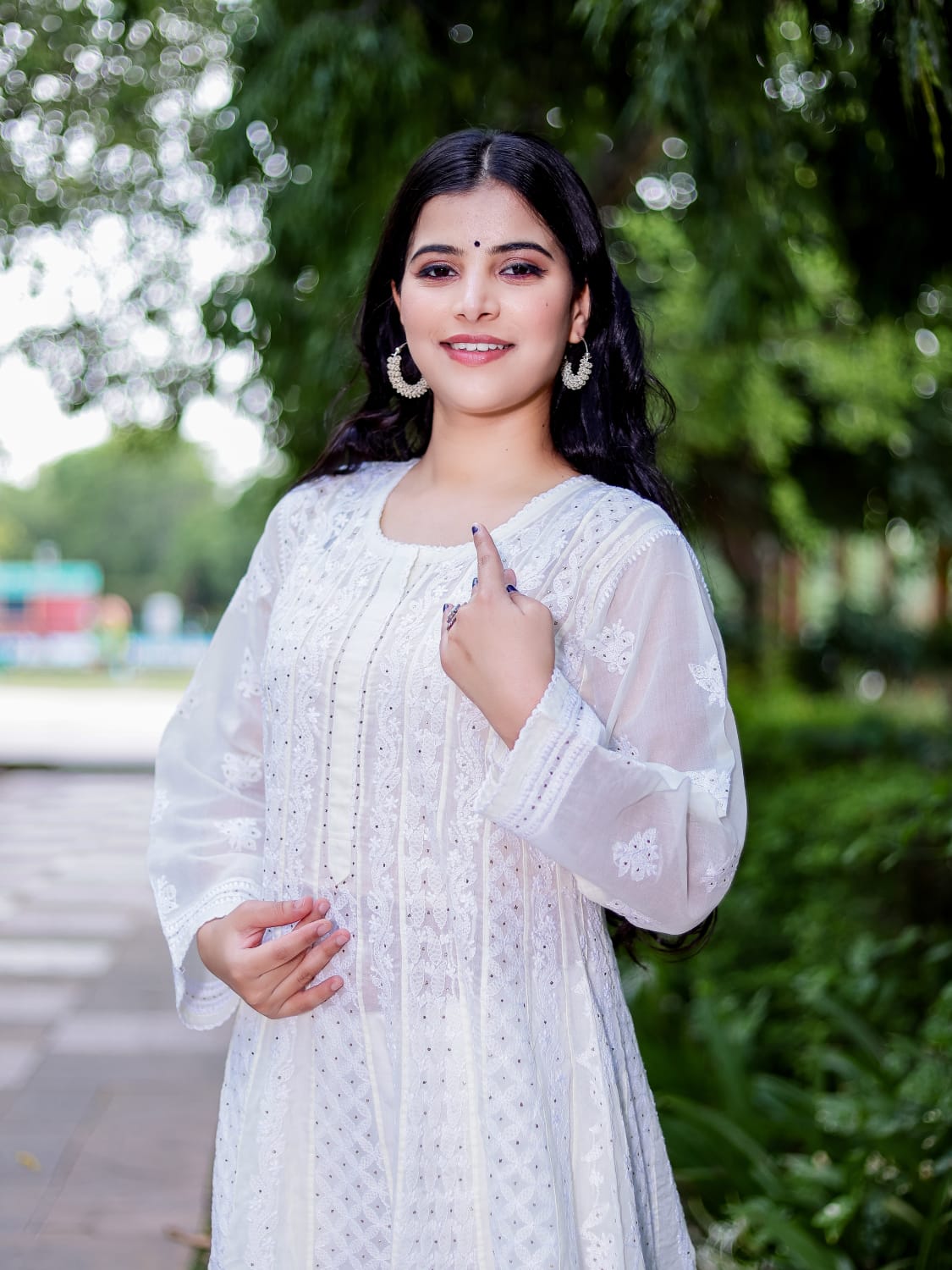 Cream All over embroidered cotton Anarkali