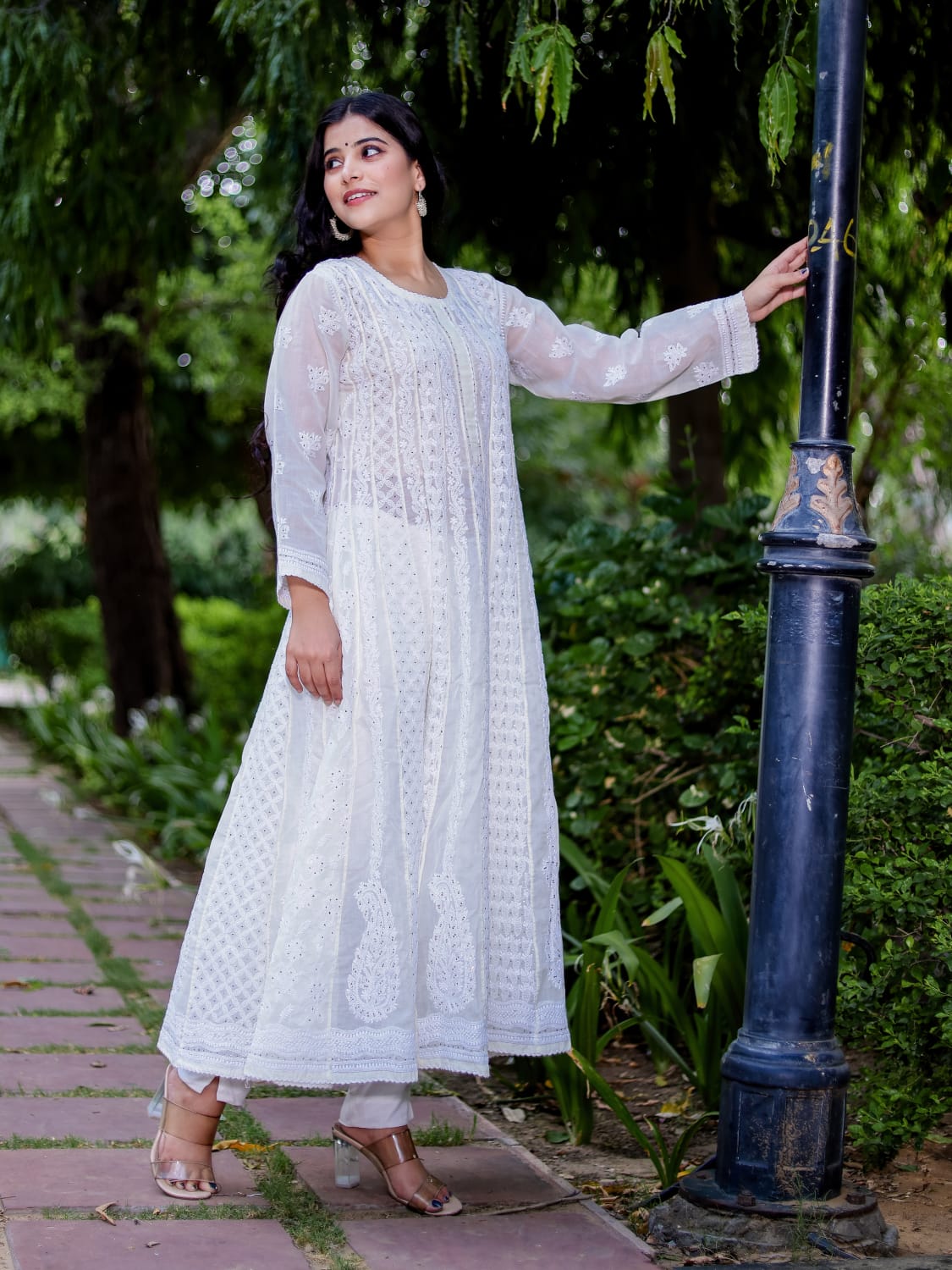 Cream All over embroidered cotton Anarkali