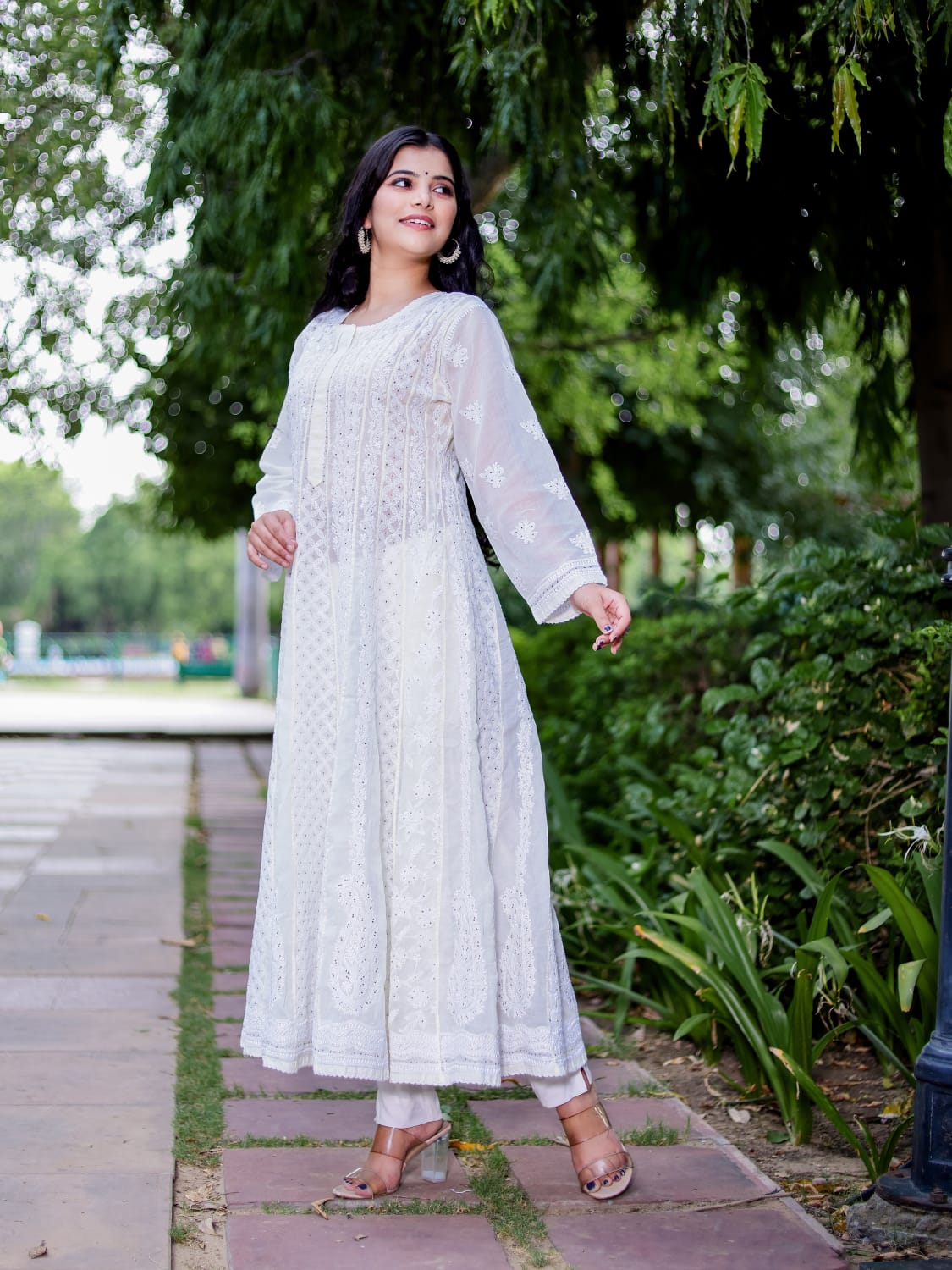 Cream All over embroidered cotton Anarkali