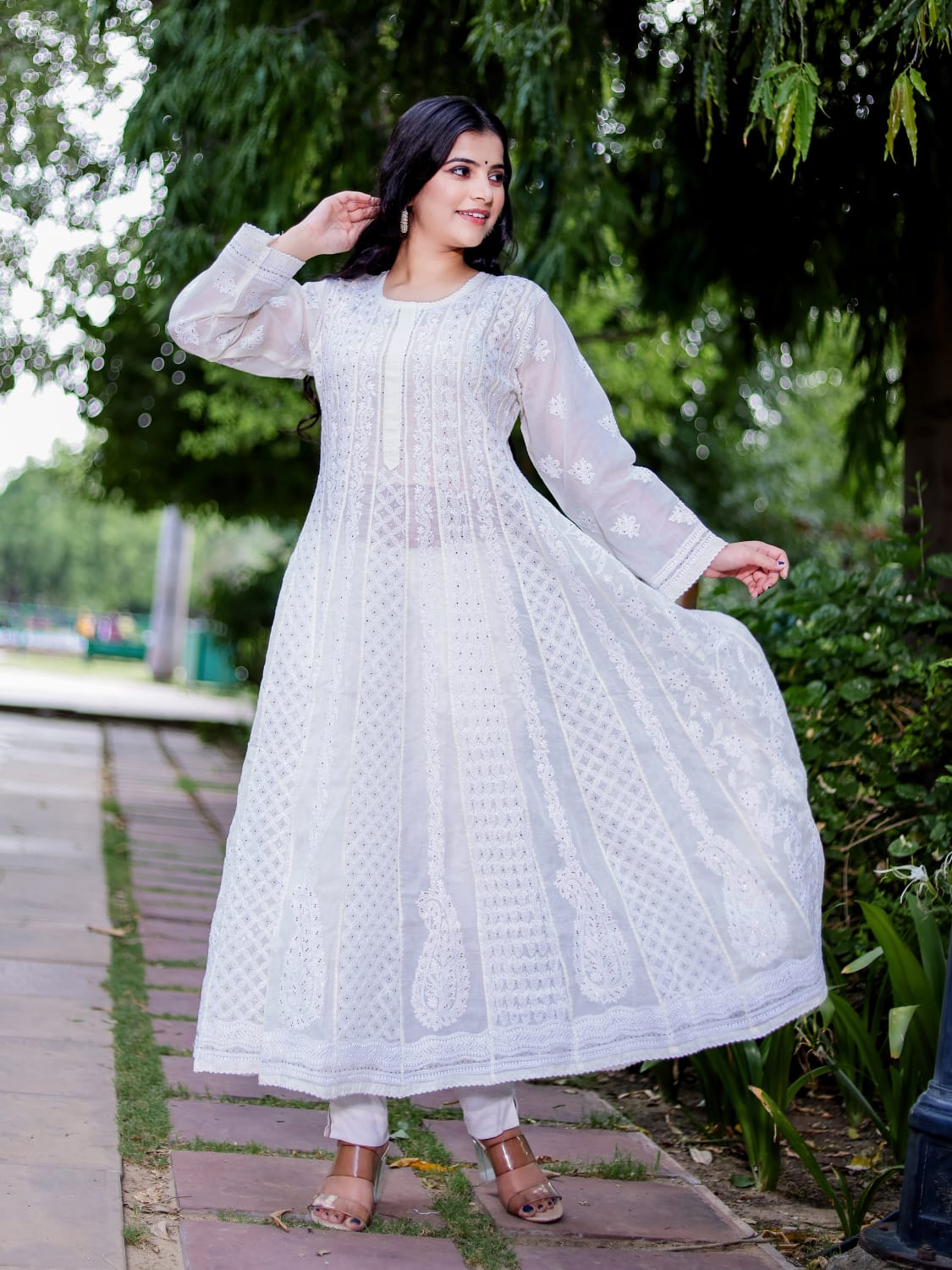 Cream All over embroidered cotton Anarkali