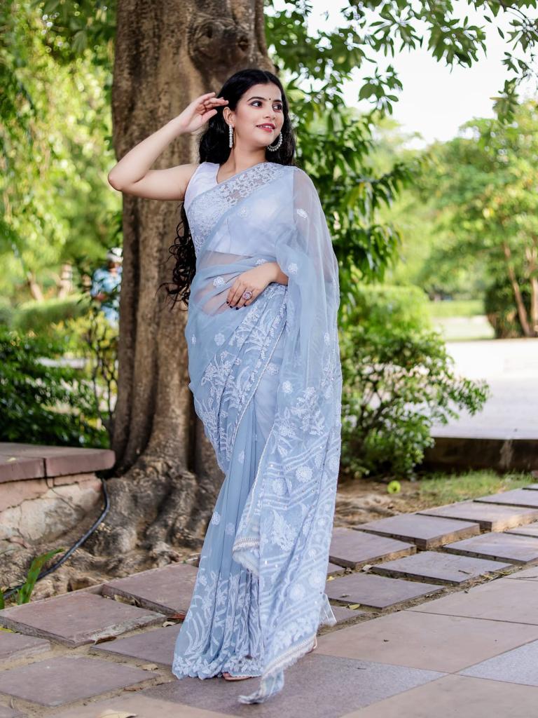 Georgette Heavy saree with Mukaish