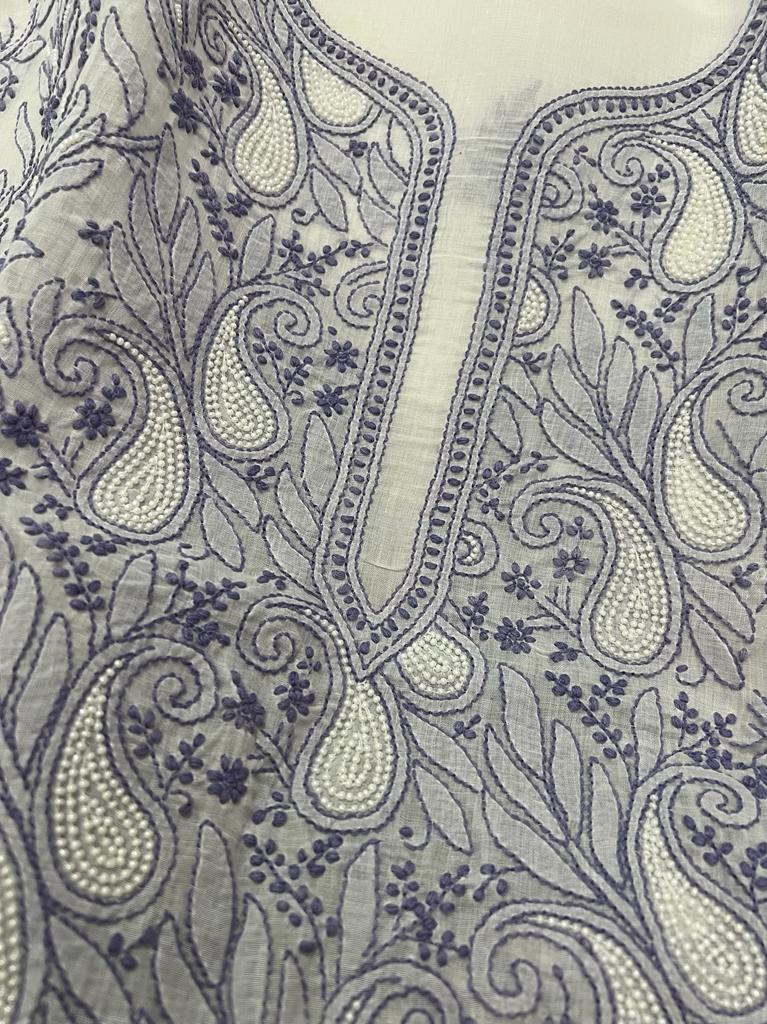 White kurta fabric with pearls