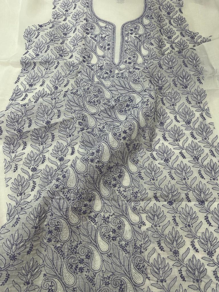 White kurta fabric with pearls