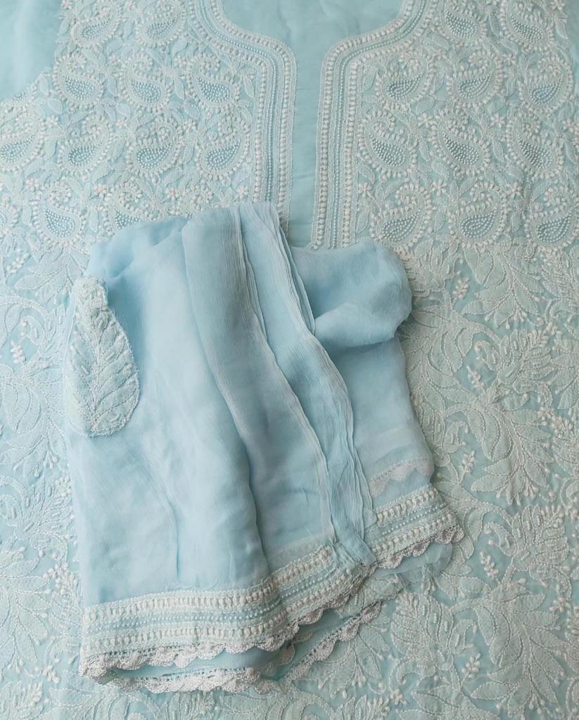 Blue cotton set with Chikankari and Pearl work