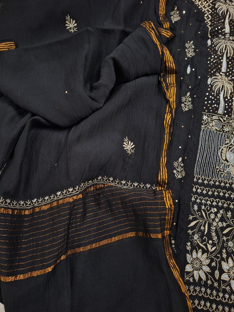Darakht Black Mul Chanderi with embellisments