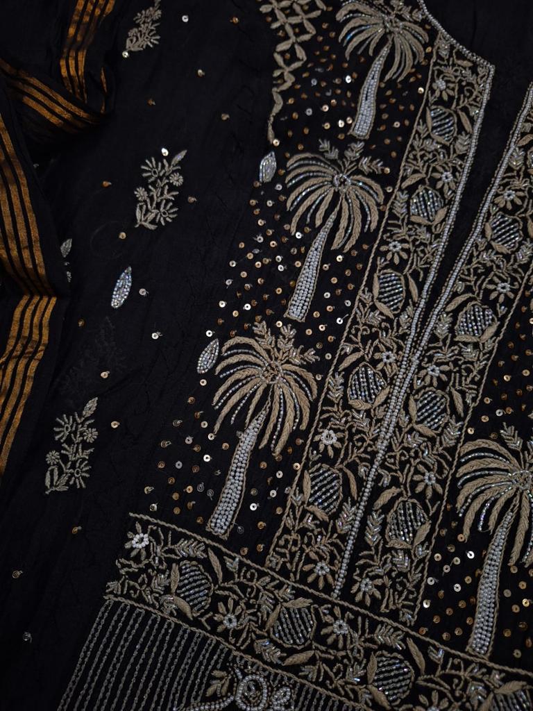 Darakht Black Mul Chanderi with embellisments