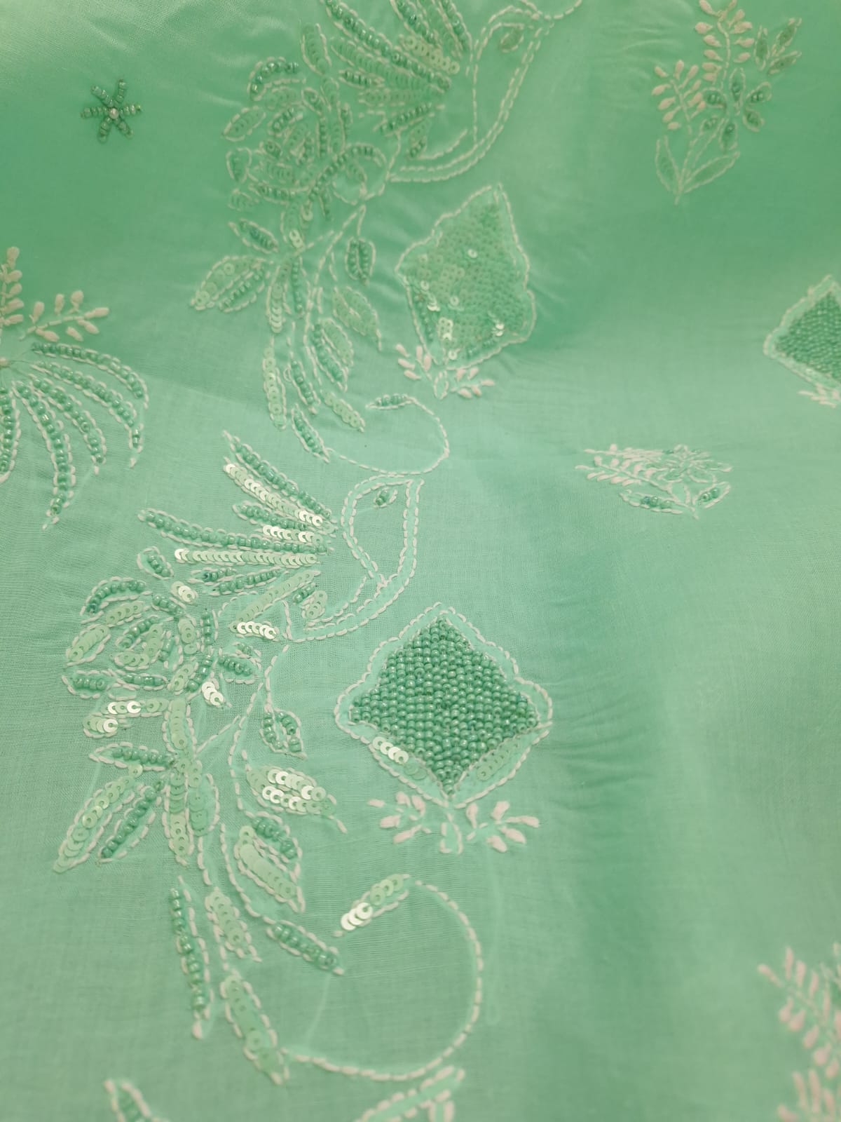 Sea Green Kurta Fabric with Bird motifs