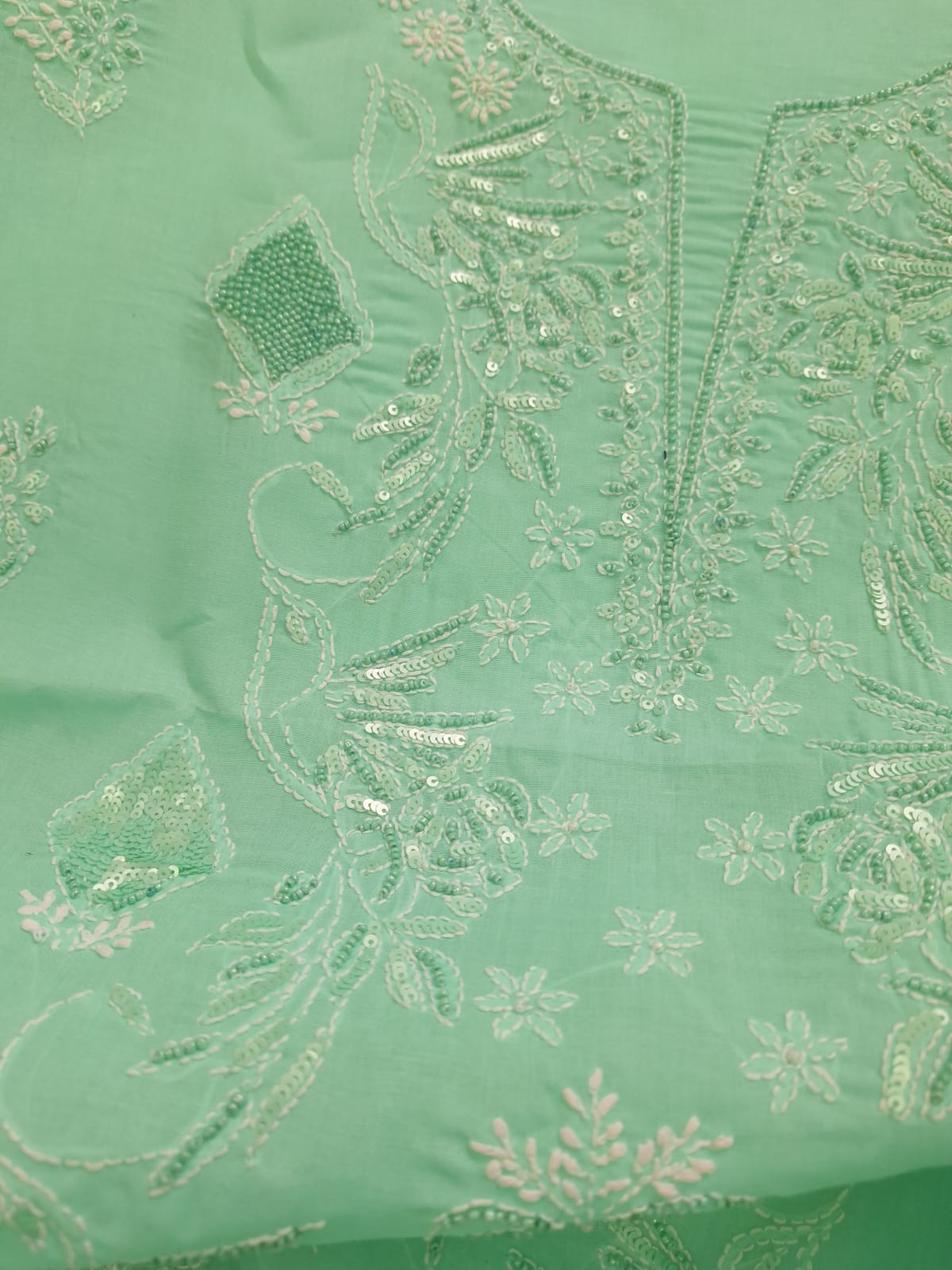 Sea Green Kurta Fabric with Bird motifs