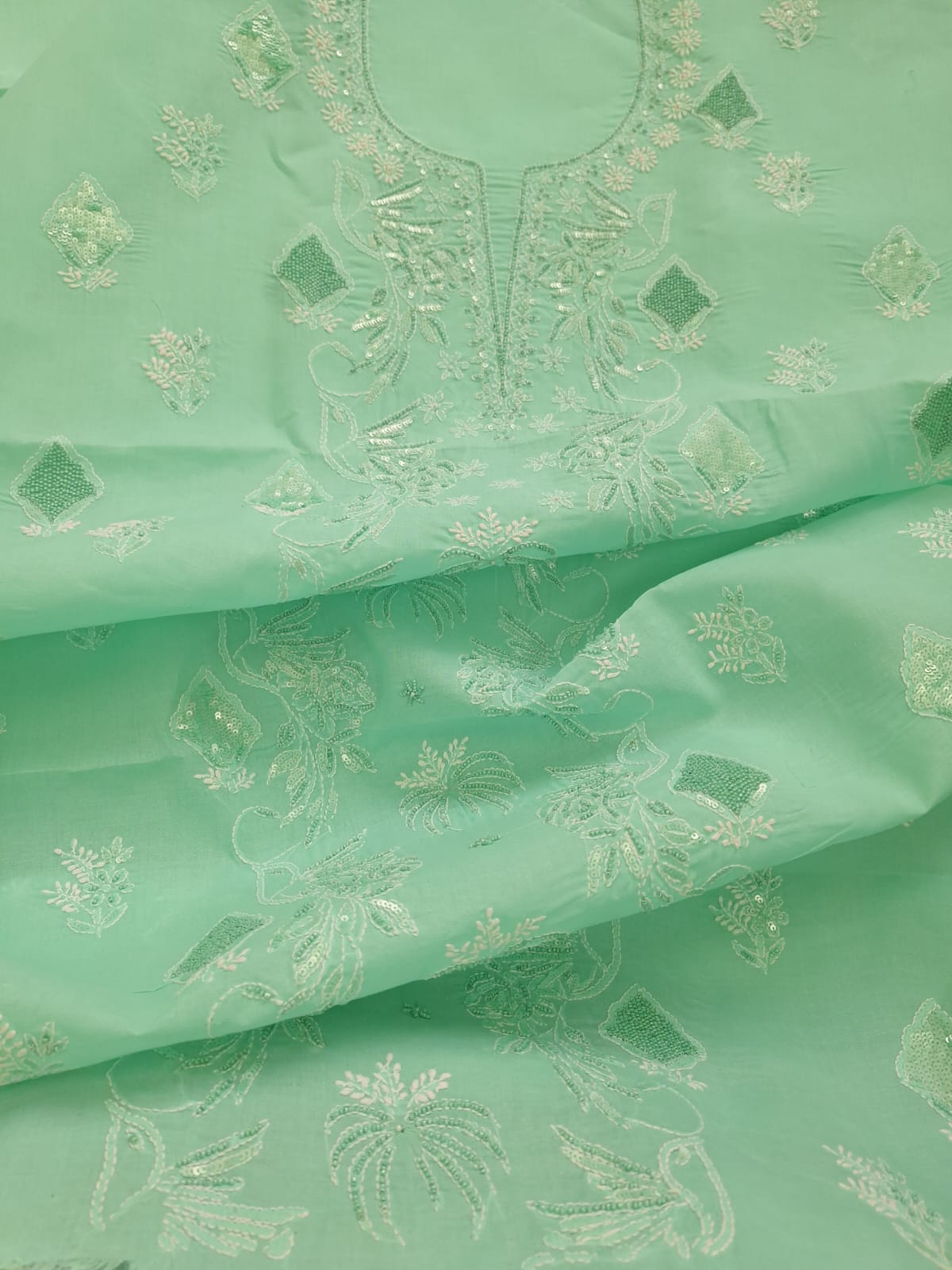 Sea Green Kurta Fabric with Bird motifs