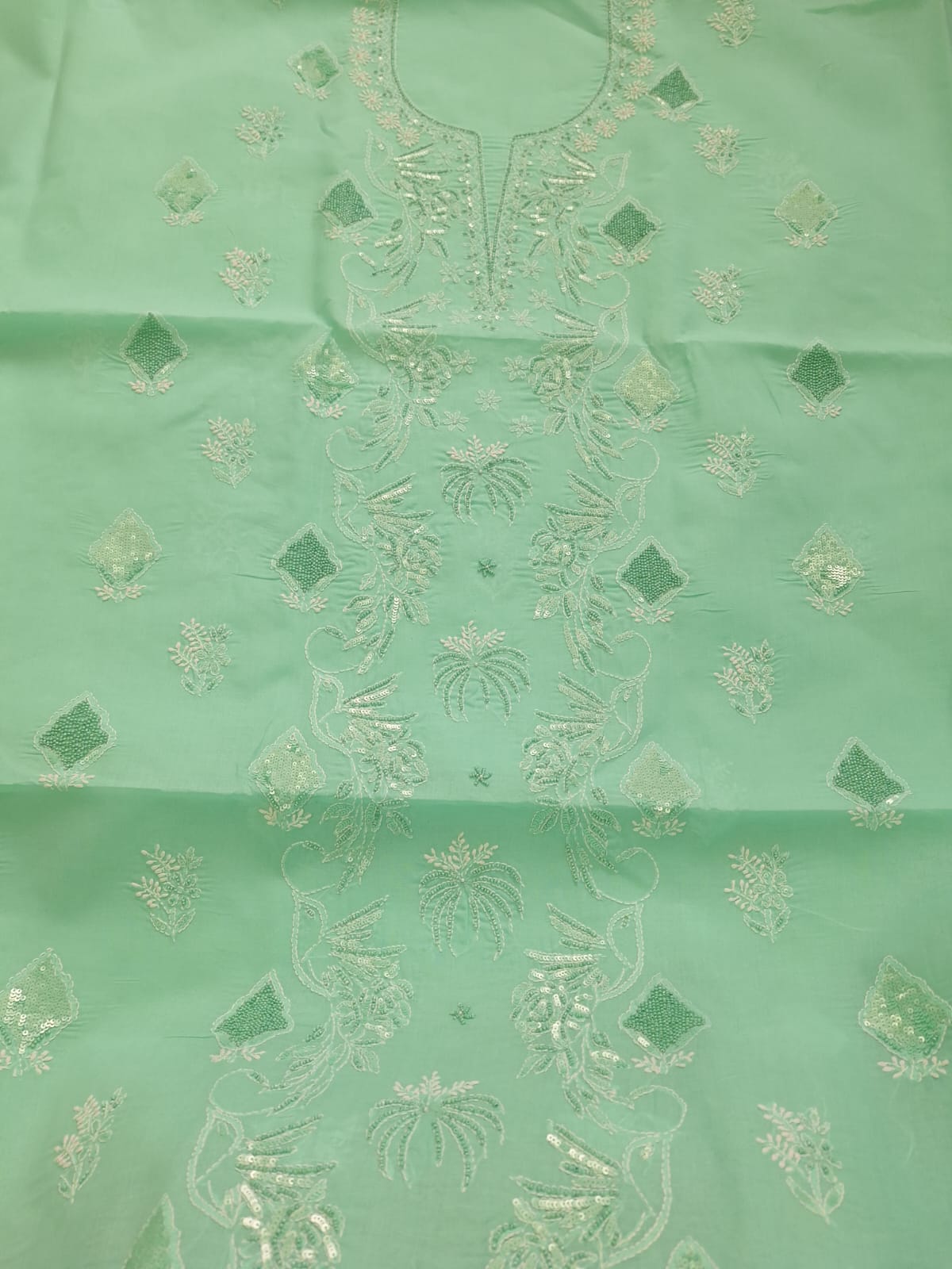 Sea Green Kurta Fabric with Bird motifs