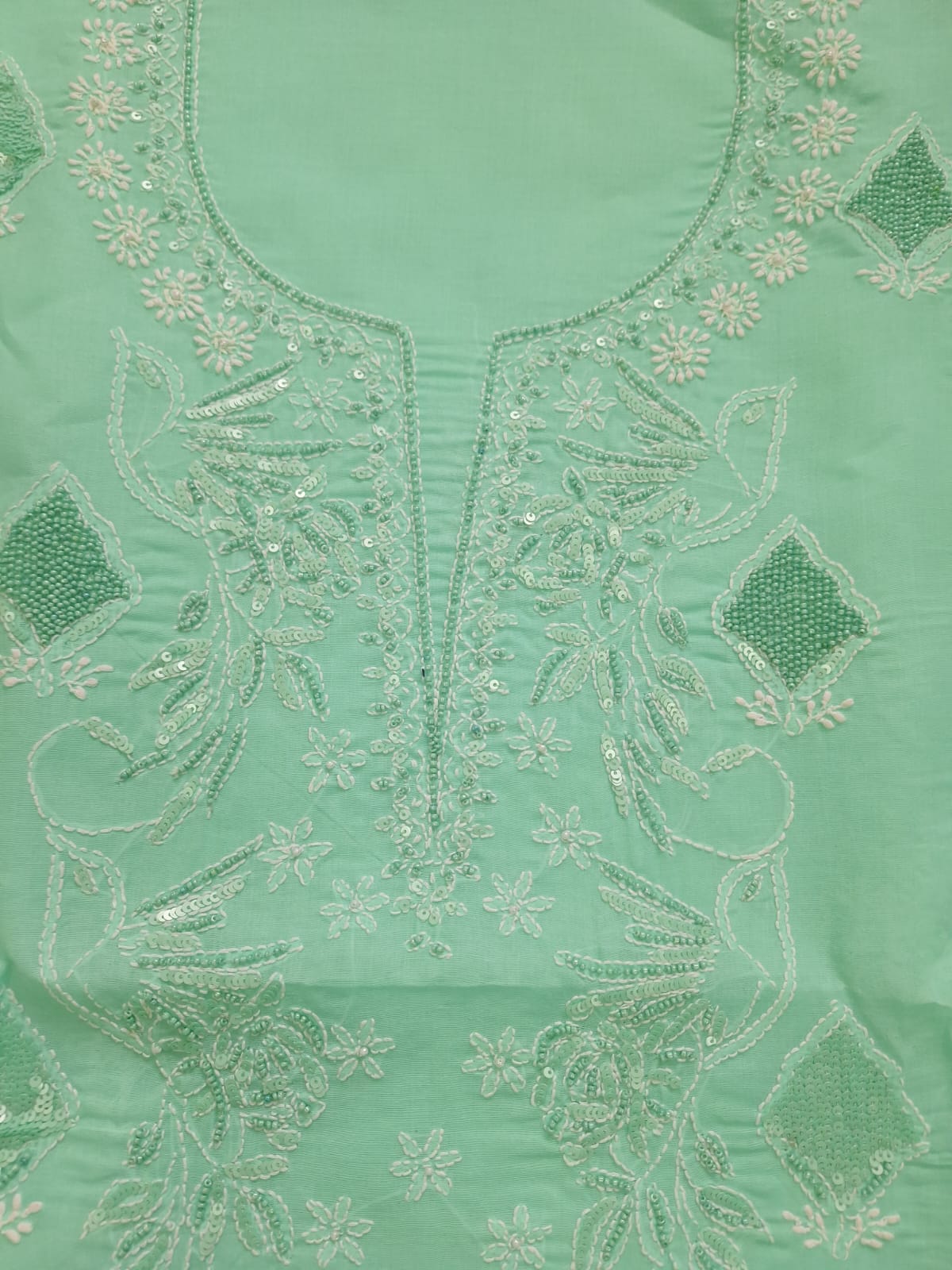Sea Green Kurta Fabric with Bird motifs