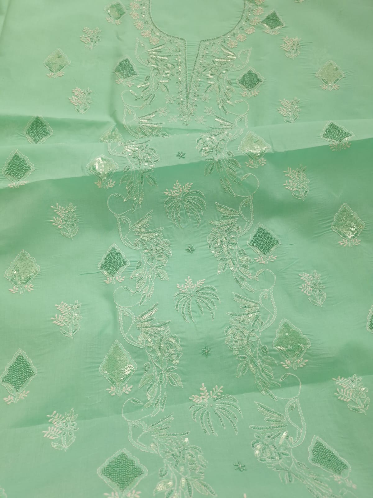 Sea Green Kurta Fabric with Bird motifs